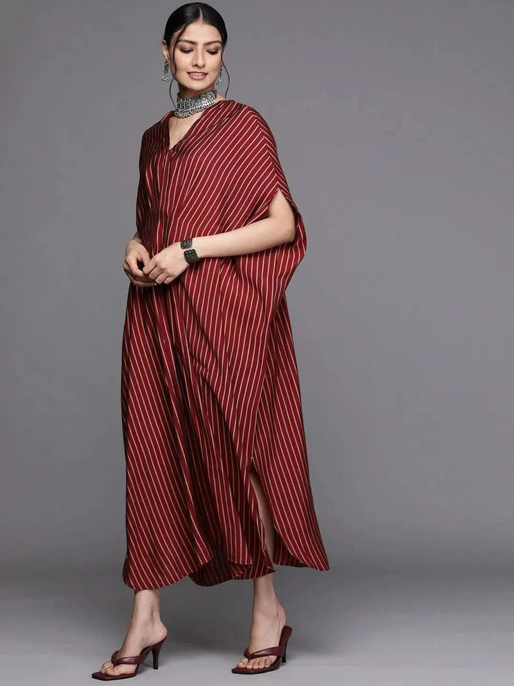Maroon Striped Silk Dress - Libas