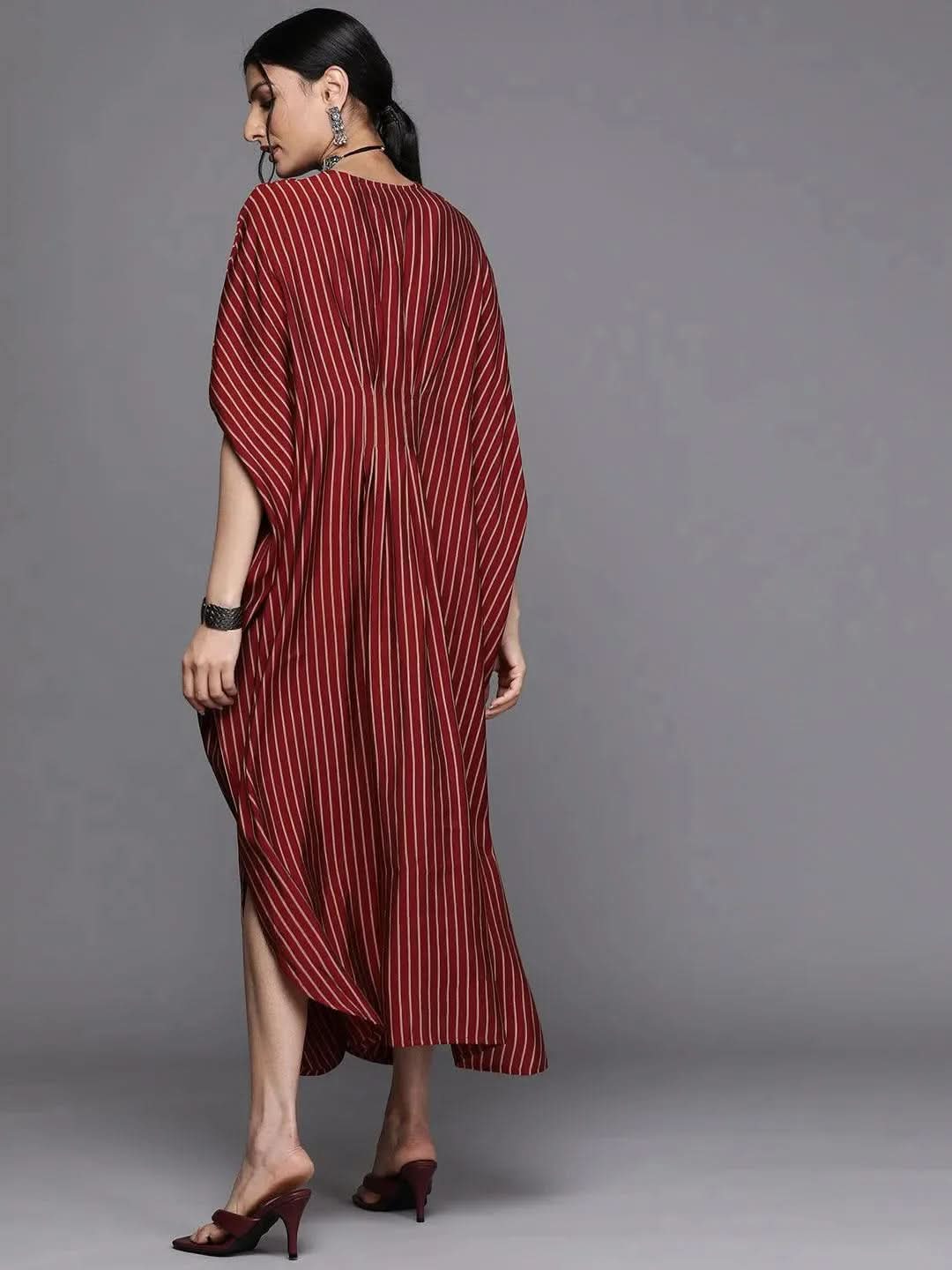 Maroon Striped Silk Dress - Libas