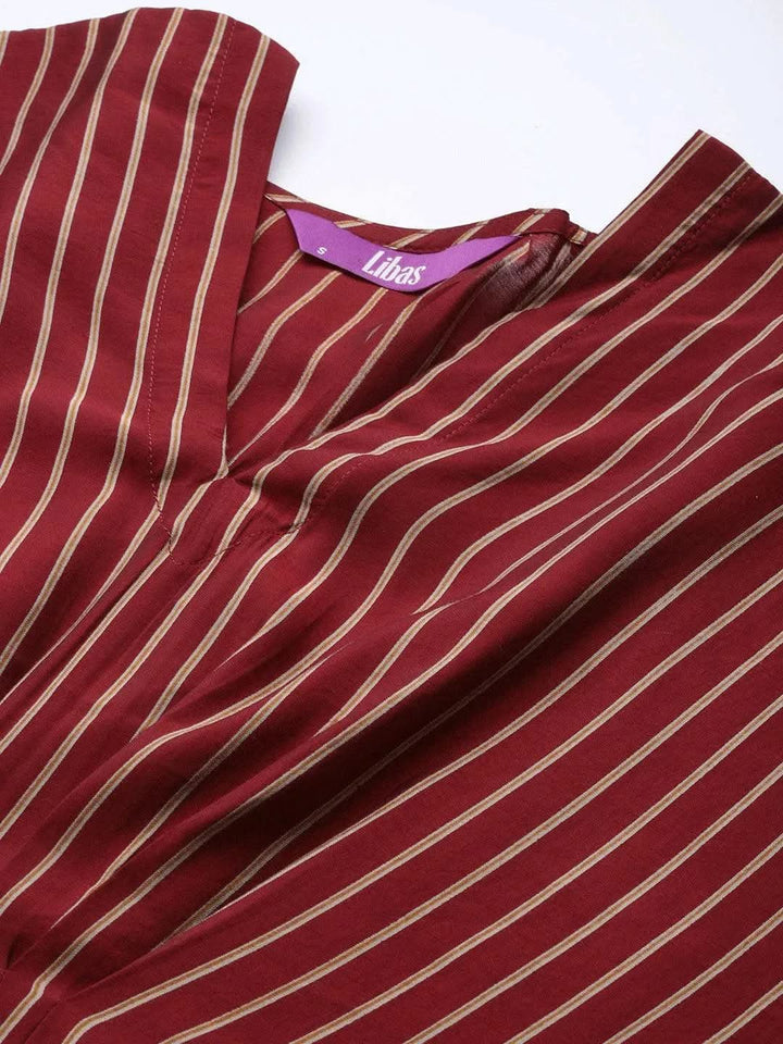 Maroon Striped Silk Dress - Libas
