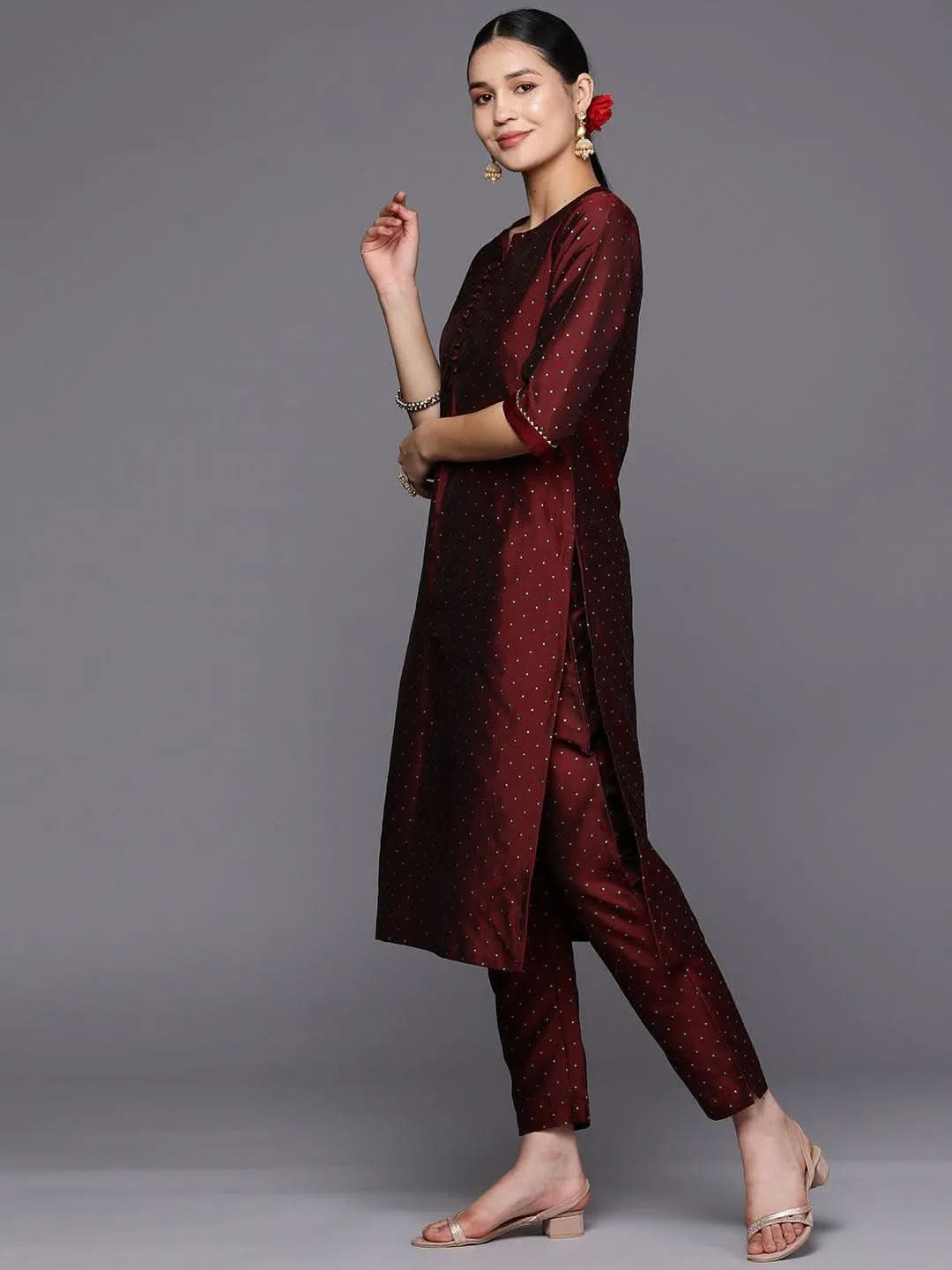 Maroon Woven Design Art Silk Straight Suit Set With Trousers - Libas