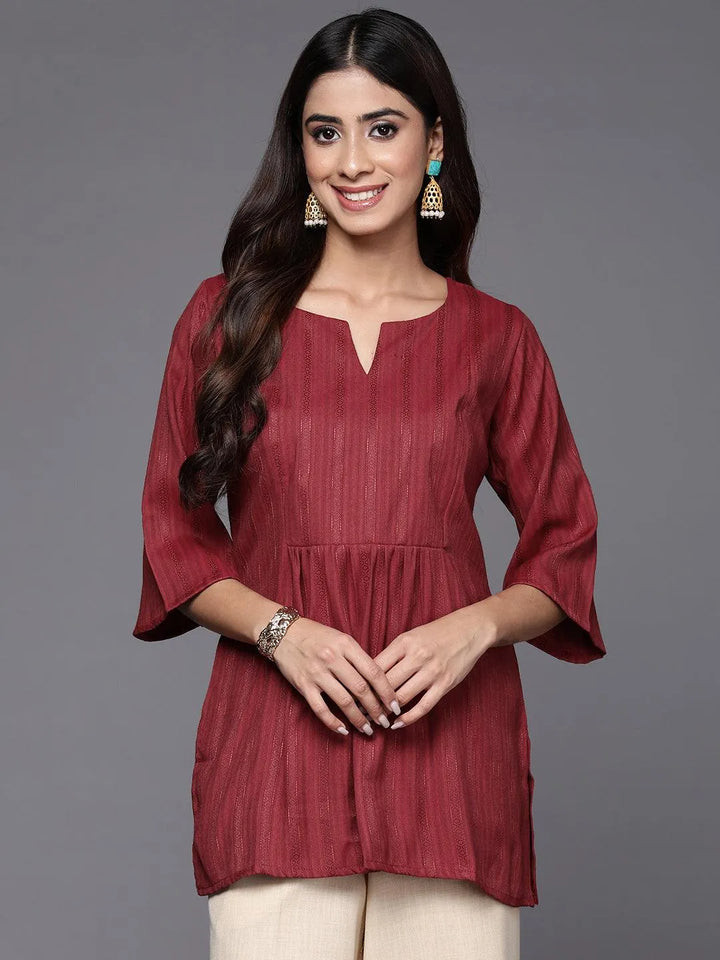 Maroon Woven Design Rayon A-Line Kurti - Libas