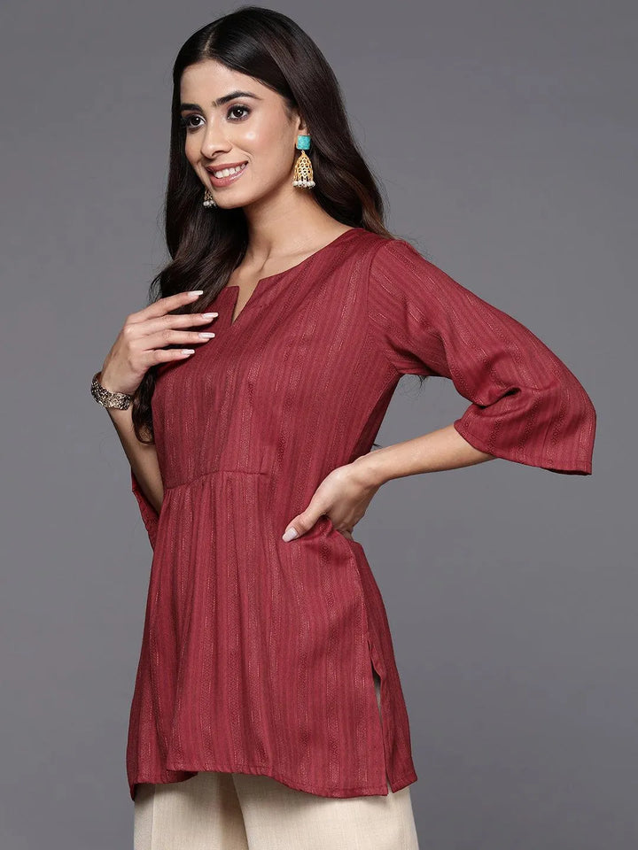 Maroon Woven Design Rayon A-Line Kurti - Libas