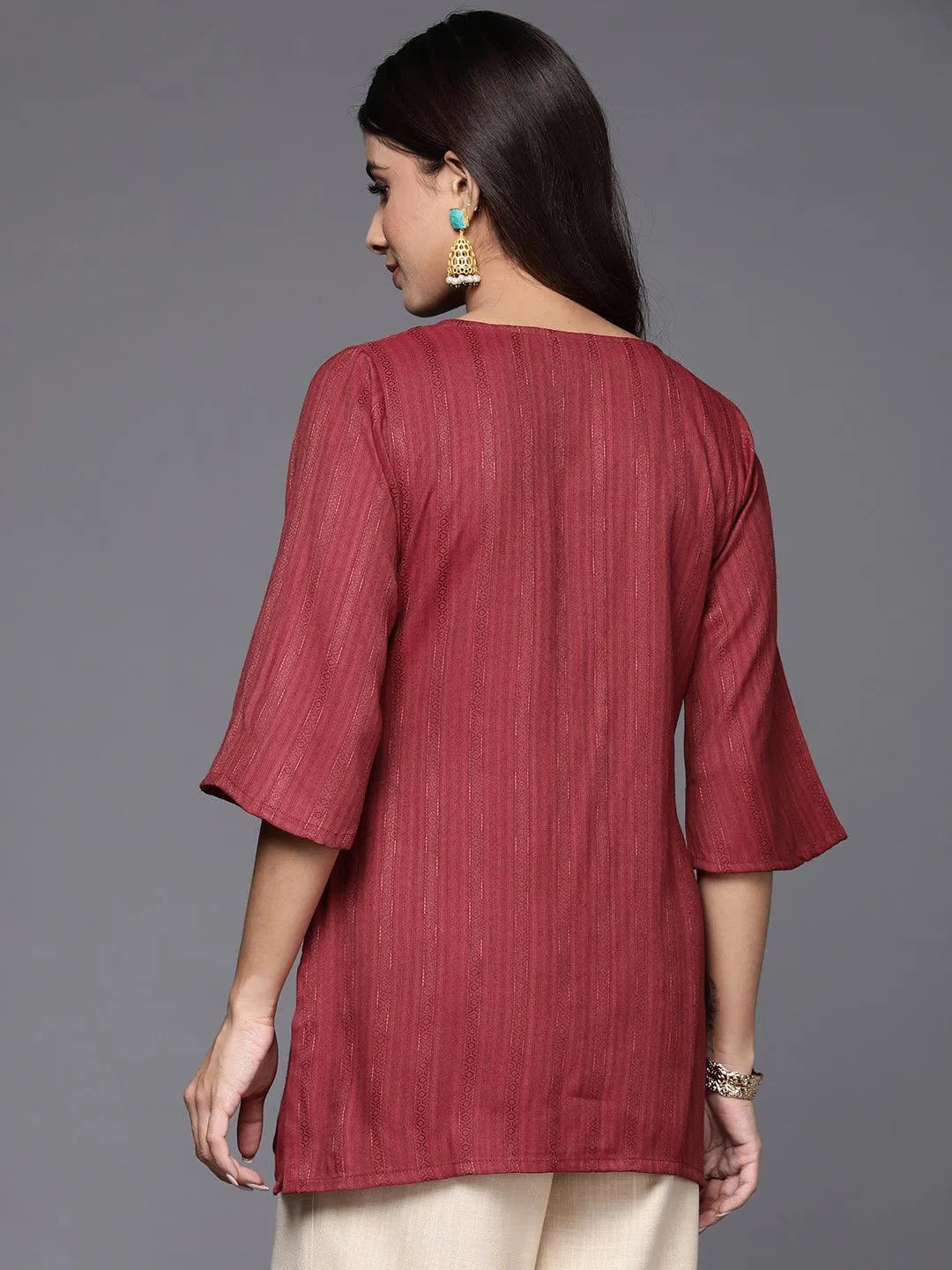 Maroon Woven Design Rayon A-Line Kurti - Libas