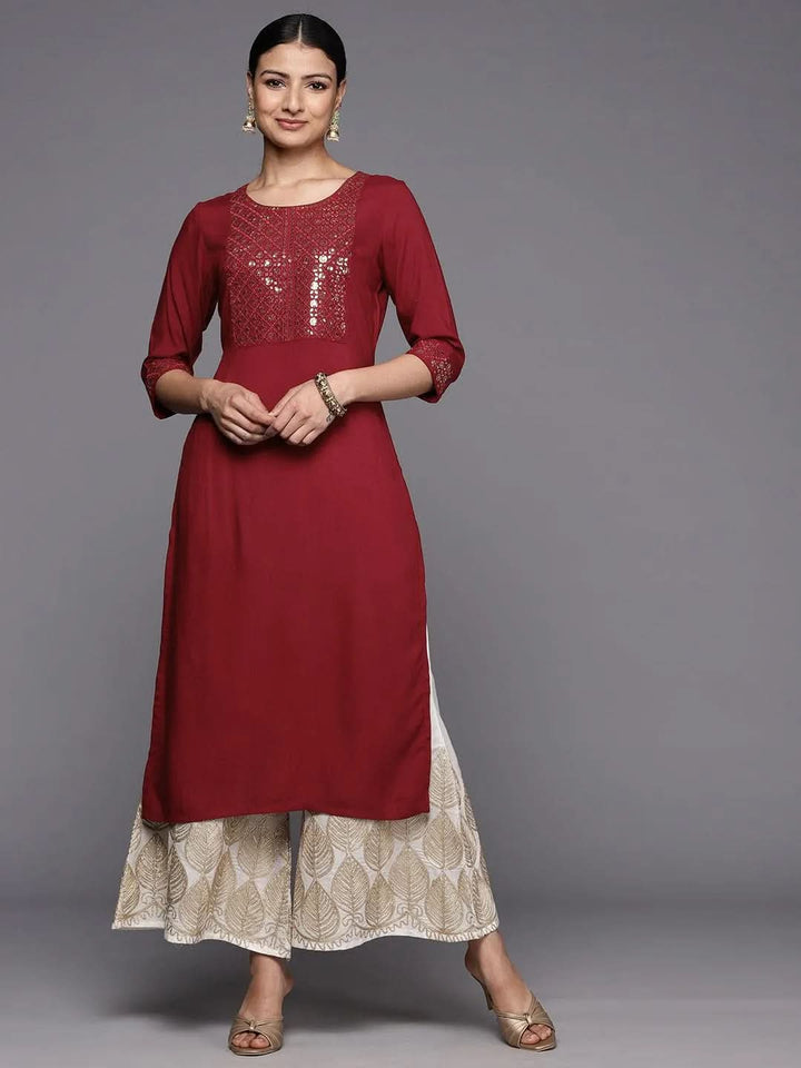 Maroon Printed Rayon Straight Kurta - Libas