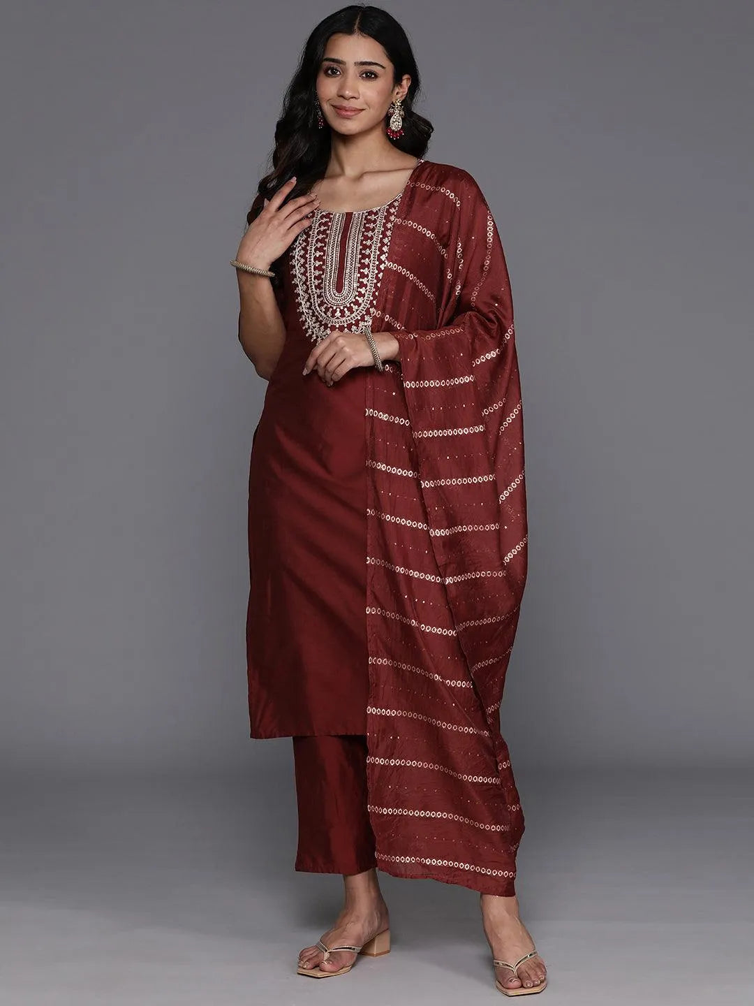Maroon Yoke Design Silk Blend Straight Kurta With Trousers & Dupatta - Libas