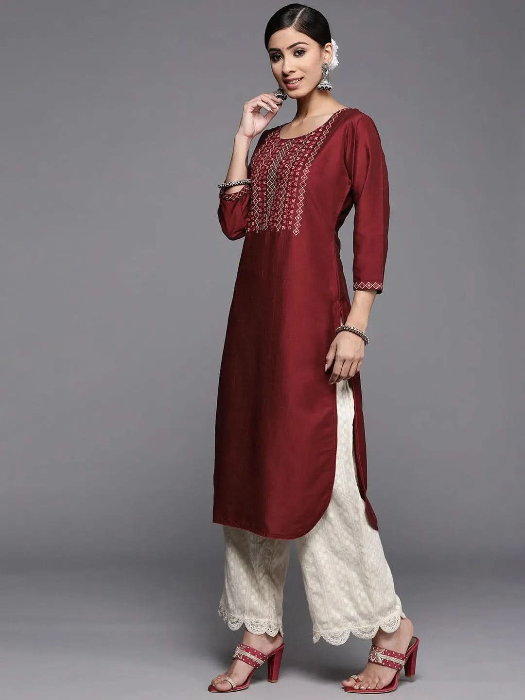 Maroon Yoke Design Silk Kurta - Libas