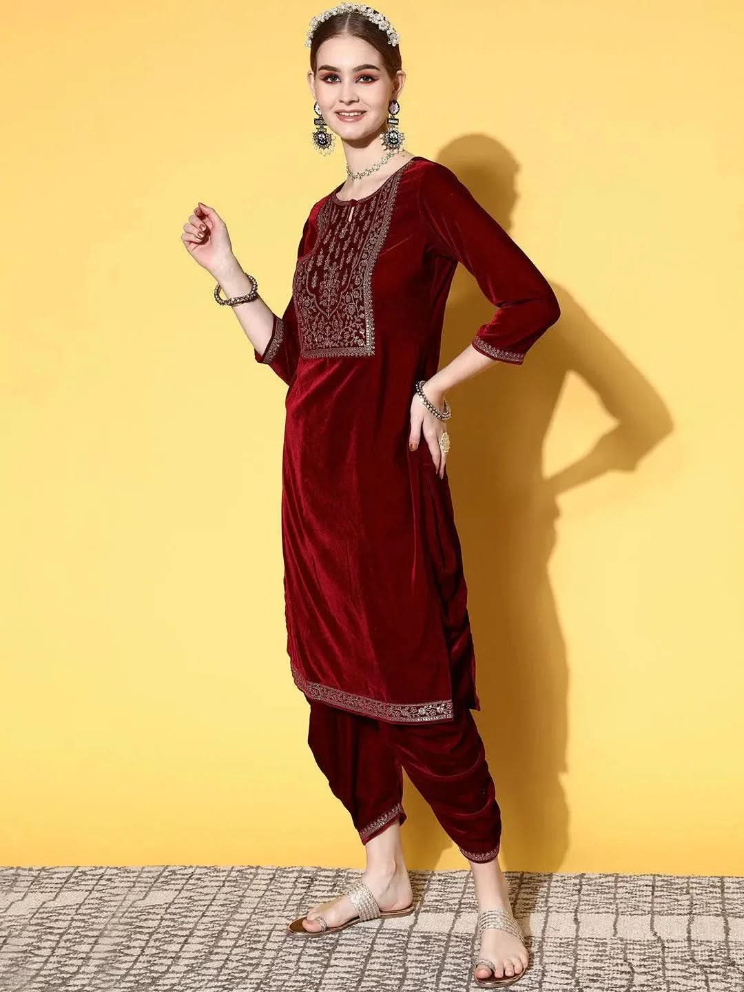 Maroon Yoke Design Velvet Straight Suit Set - Libas