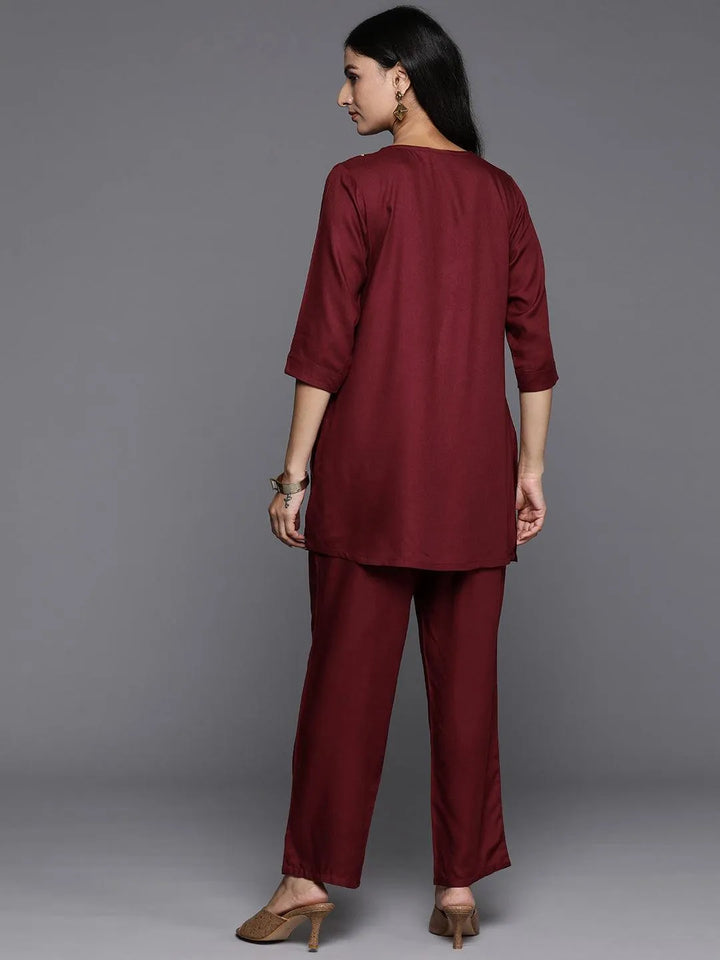Maroon Yoke Design Wool Blend Tunic With Trousers - Libas