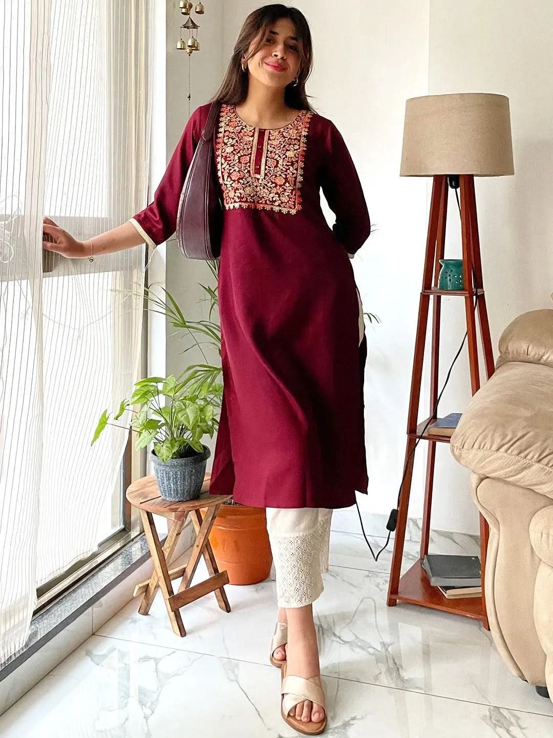 Black Maroon Floral COTTON Yoke Kurta main image 1