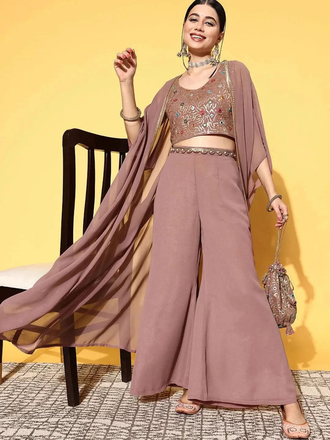 Mauve Embellished Georgette Co-Ords - Libas