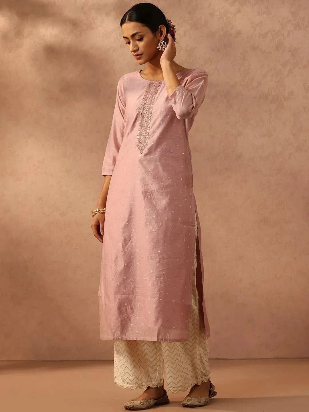 Mauve Embroidered Chanderi Silk Straight Kurta - Libas