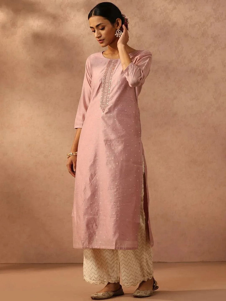 Mauve Embroidered Chanderi Silk Straight Kurta - Libas