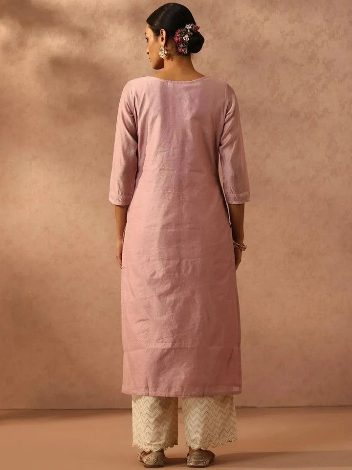 Mauve Embroidered Chanderi Silk Straight Kurta - Libas