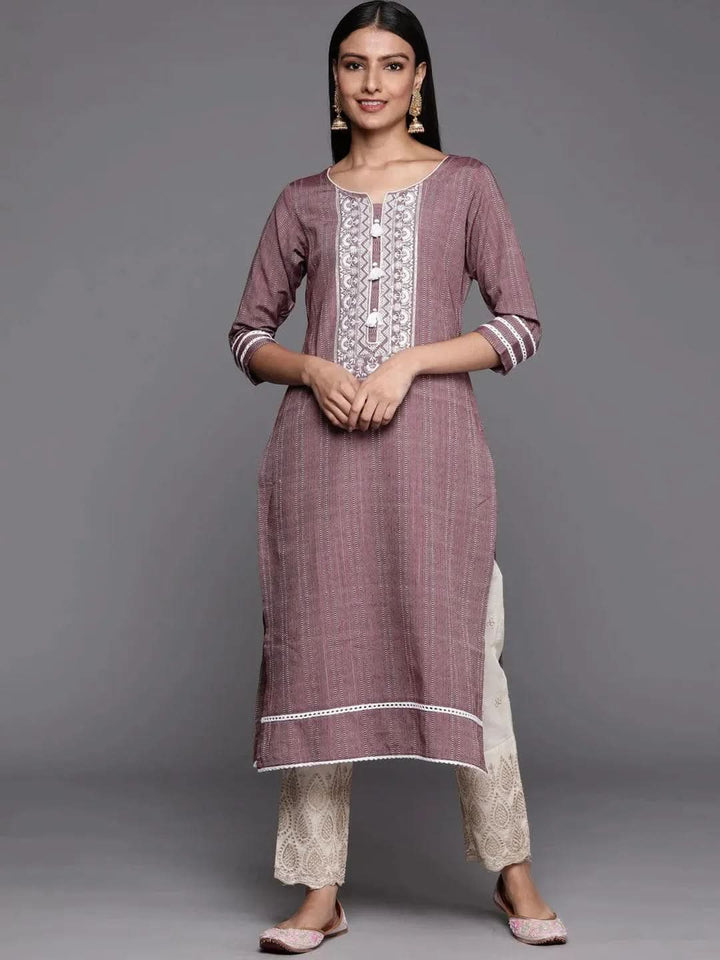 Mauve Embroidered Cotton Straight Kurta - Libas
