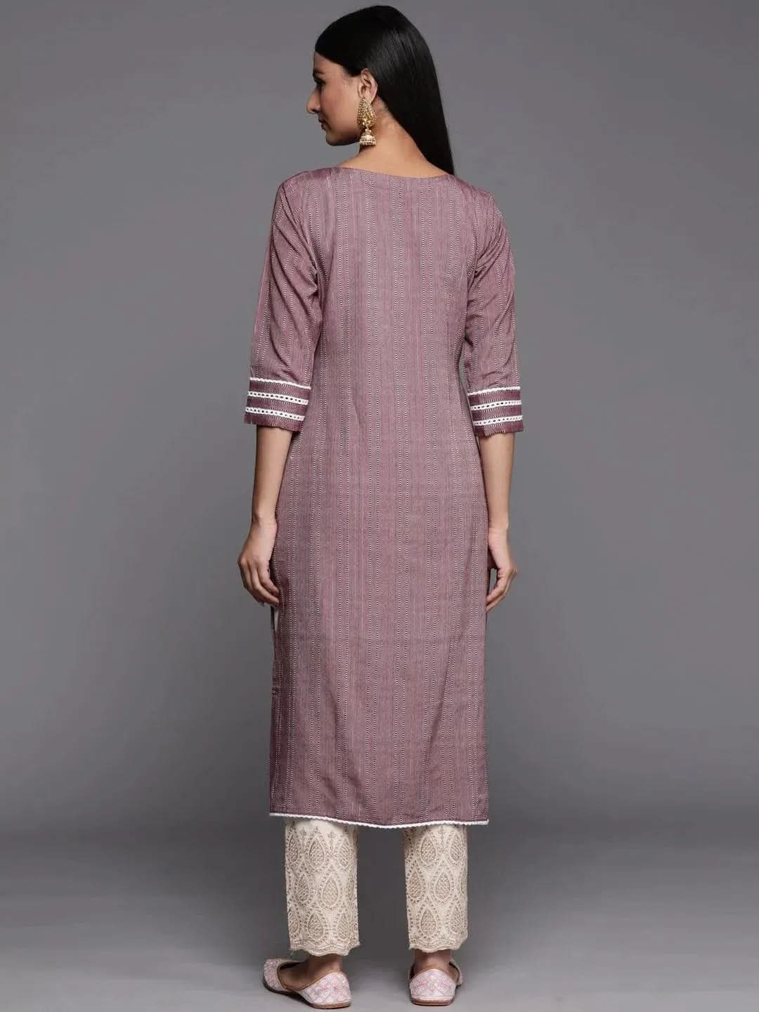 Mauve Embroidered Cotton Straight Kurta - Libas