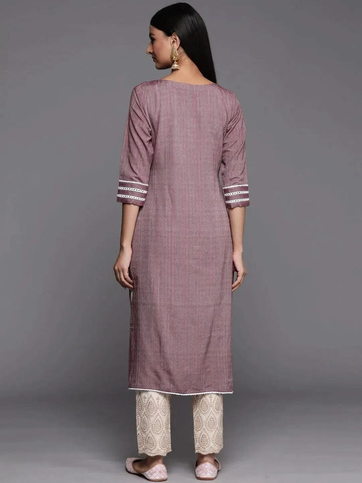 Mauve Embroidered Cotton Straight Kurta - Libas