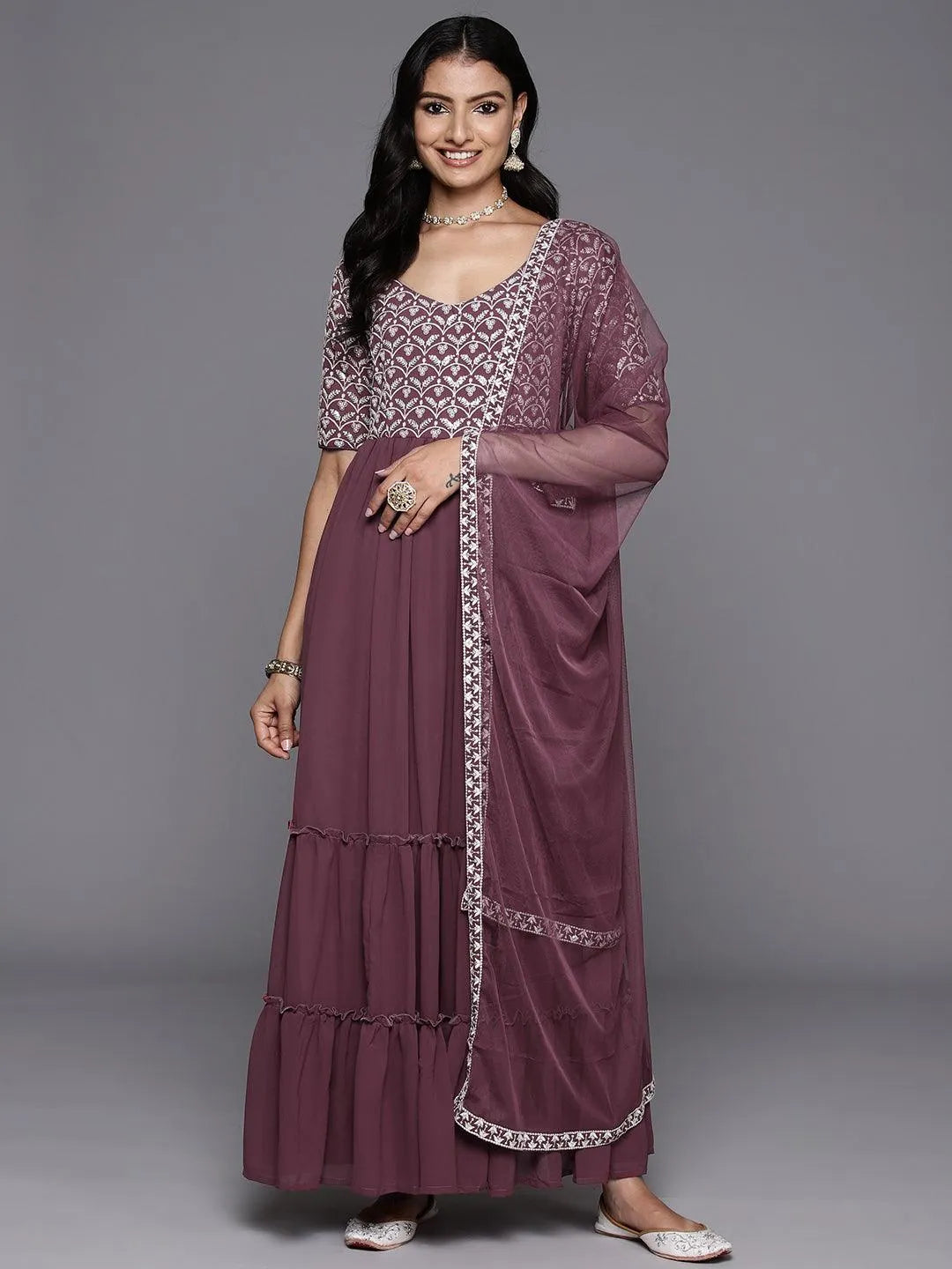 Mauve Embroidered Georgette Anarkali Kurta With Trousers & Dupatta - Libas