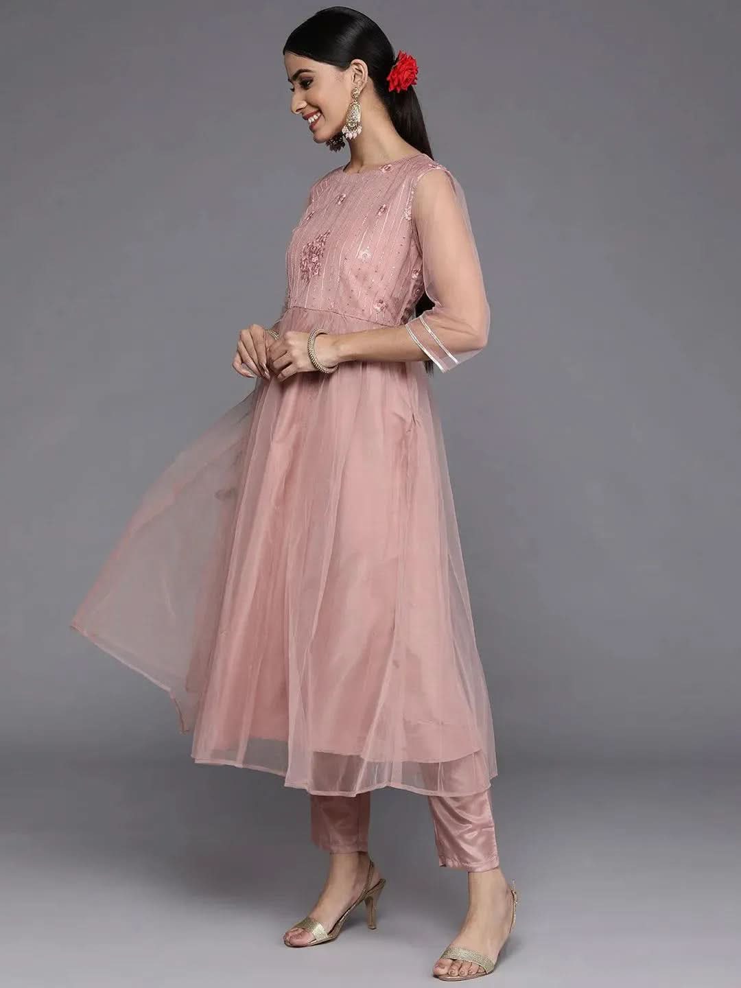 Mauve Embroidered Net Anarkali Suit Set With Trousers - Libas