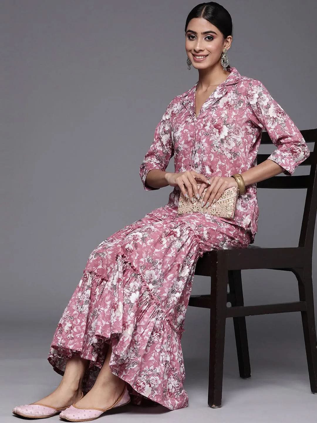 Mauve Printed Cotton Shirt With Palazzos
Mauve Printed Cotton Shirt With Palazzos