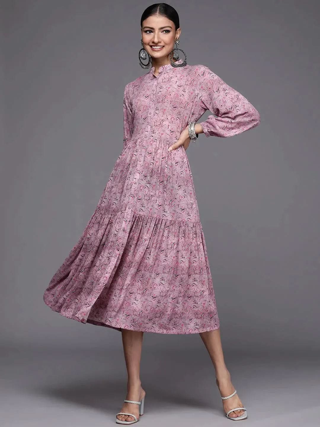 Mauve Printed Georgette Fit and Flared Dress
Mauve Printed Georgette Fit and Flared Dress
