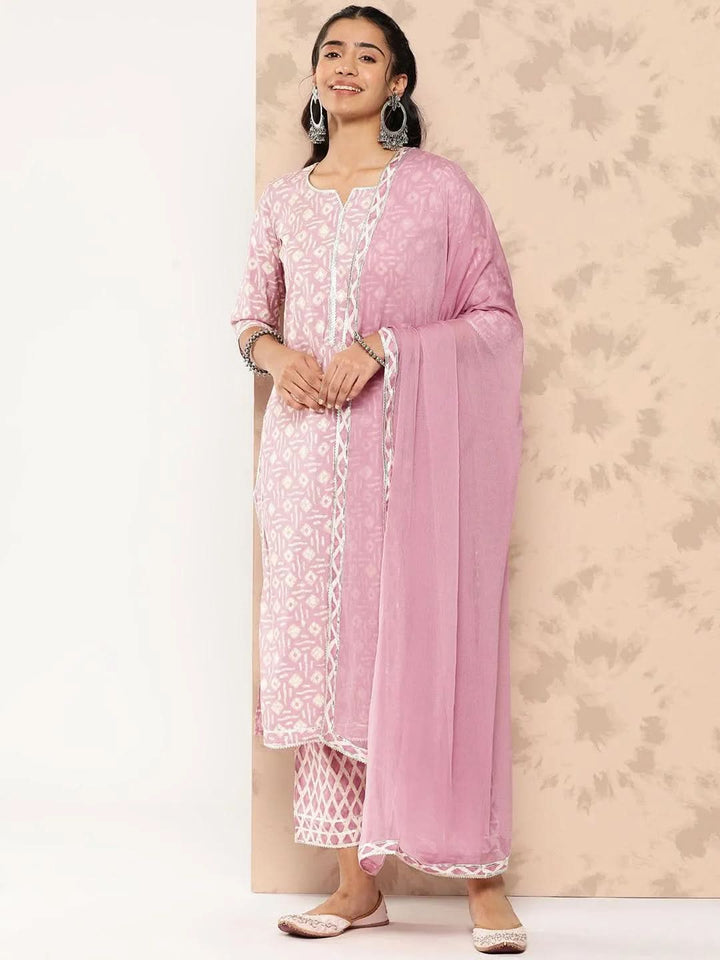 Mauve Printed Silk Blend Straight Kurta With Trousers and Dupatta - Libas