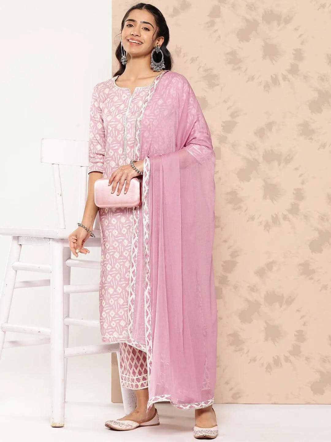 Mauve Printed Silk Blend Straight Kurta With Trousers and Dupatta - Libas