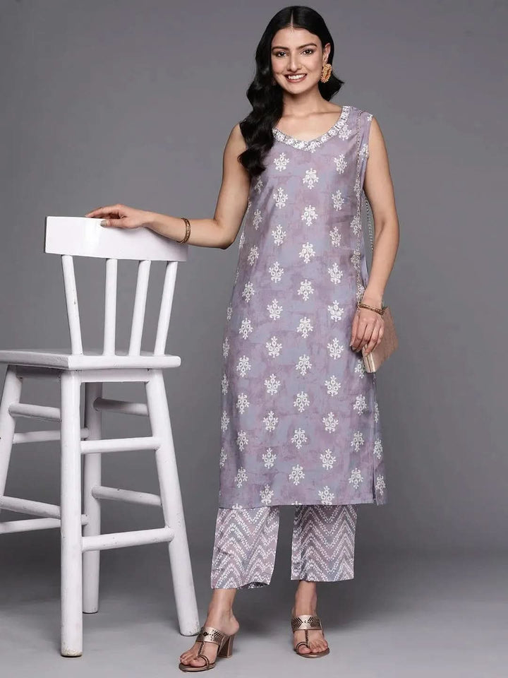 Mauve Printed Silk Blend Straight Kurta Set With Trousers - Libas