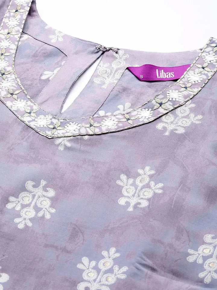 Mauve Printed Silk Blend Straight Kurta Set With Trousers - Libas