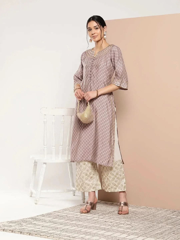 Mauve Printed Silk Straight Kurta - Libas