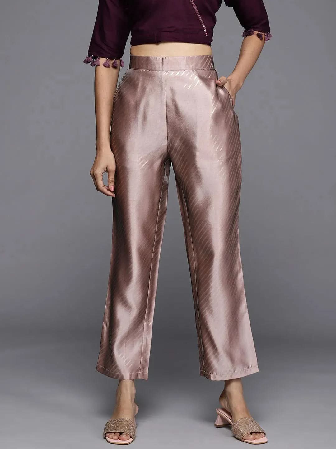 Mauve Printed Silk Trousers - Libas