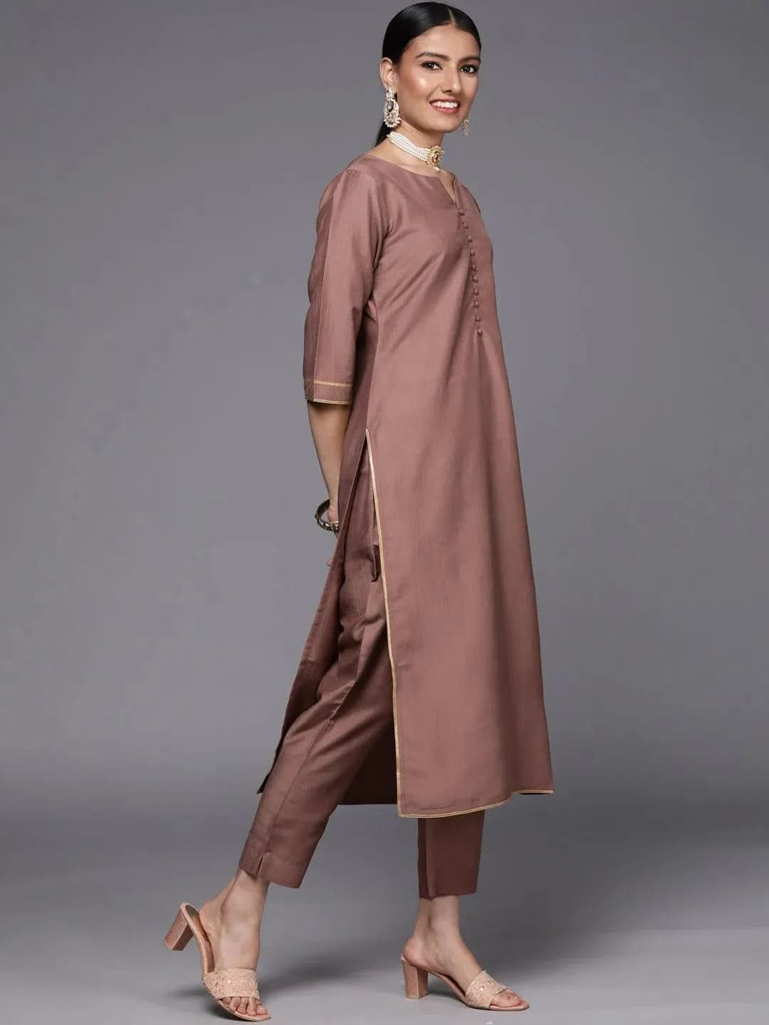 Mauve Solid Silk Blend Straight Suit Set - Libas