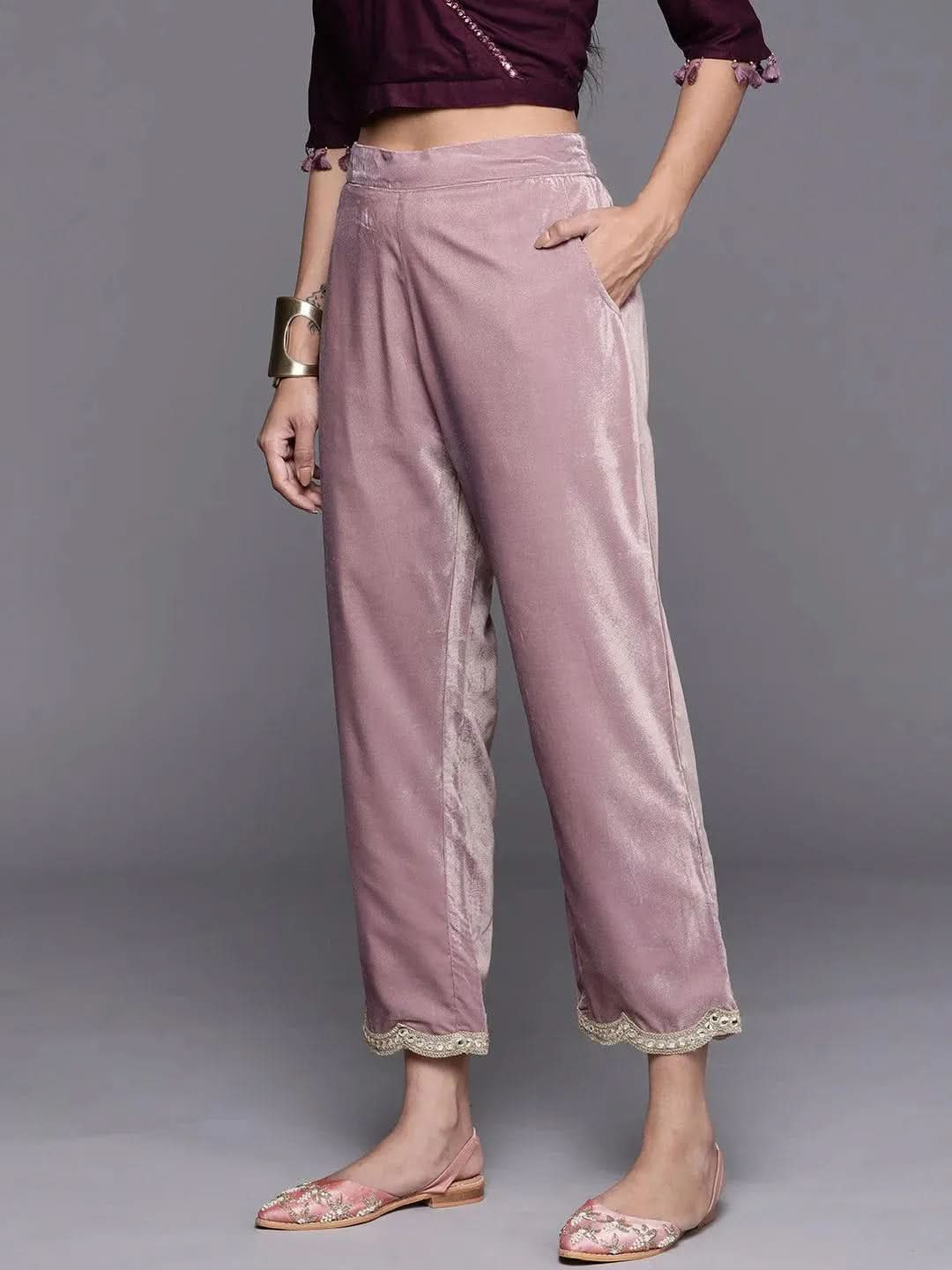 Mauve Solid Velvet Trousers - Libas