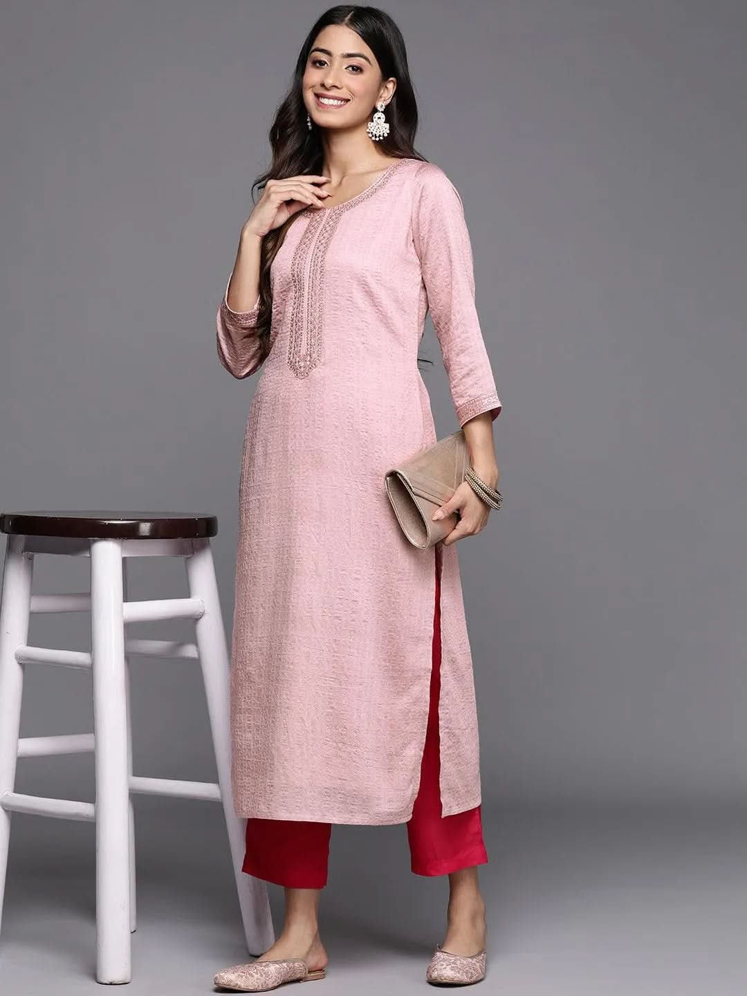 Mauve Woven Design Rayon Straight Kurta - Libas