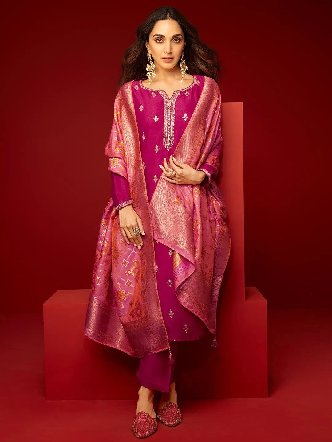 Plus Size Pink Embroidered Straight Kurta Set With Dupatta