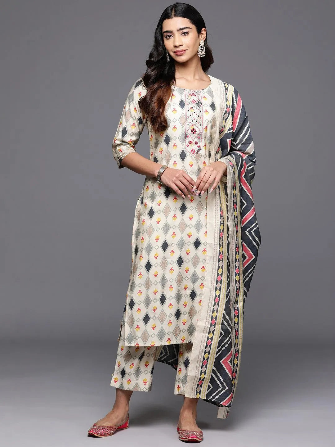 Multi Printed Silk Blend Straight Kurta With Trousers & Dupatta Online at Rs.2159 | Libas
