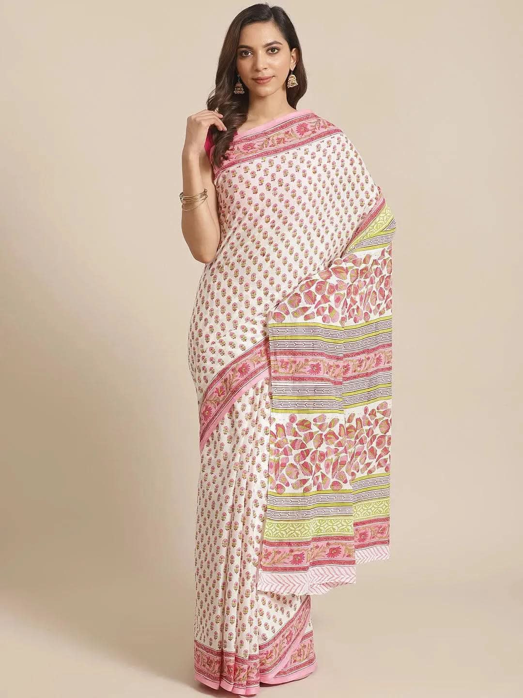 Multicoloured Printed Cotton Saree - Libas