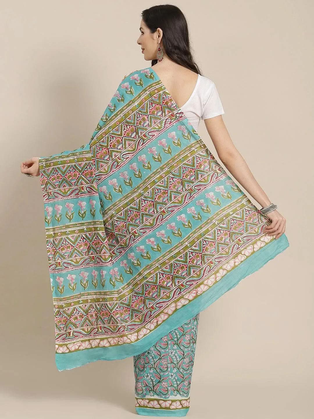 Multicoloured Printed Cotton Saree - Libas