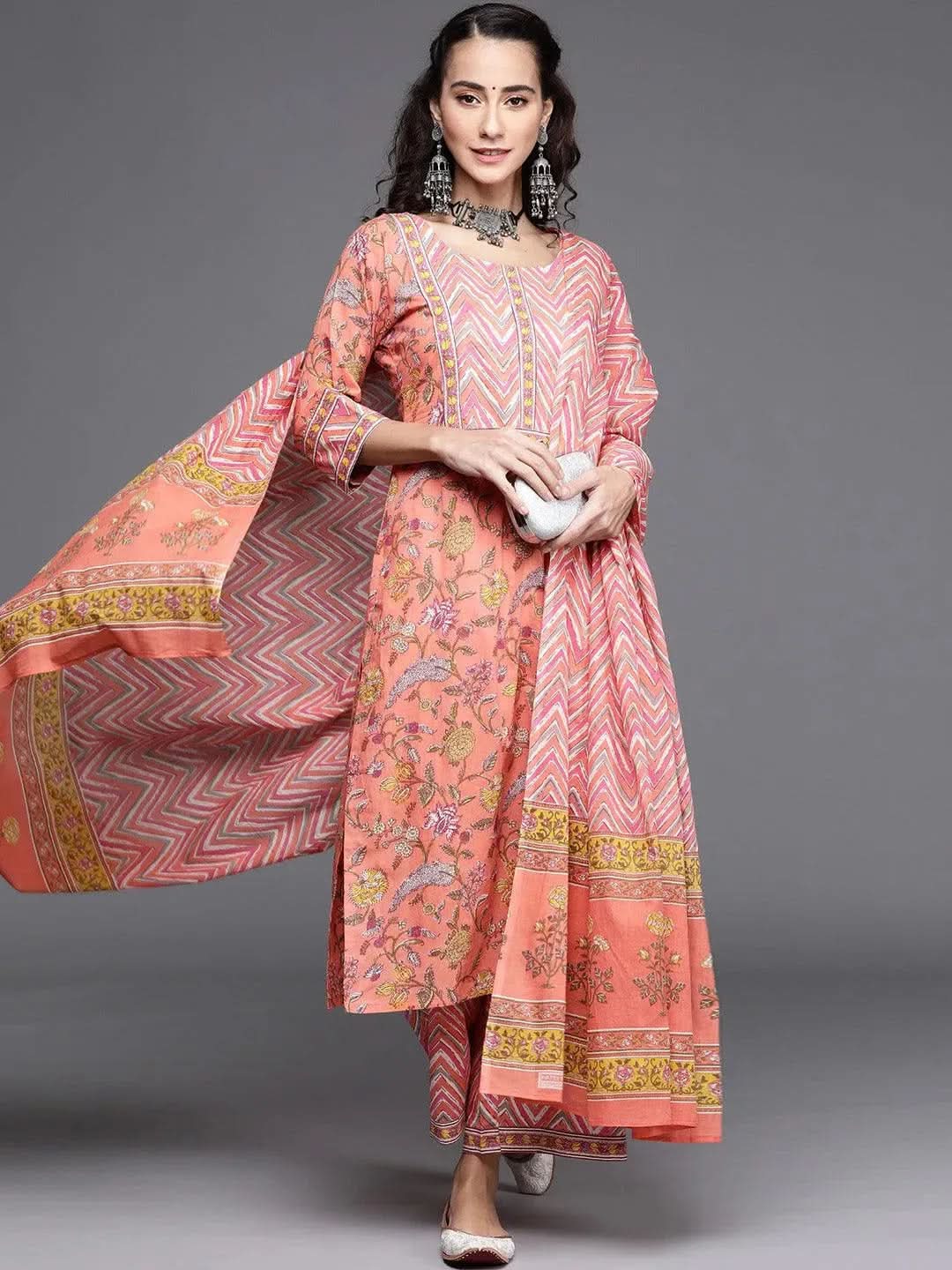 Multicoloured Printed Cotton Straight Kurta With Palazzos & Dupatta
Multicoloured Printed Cotton Straight Kurta With Palazzos & Dupatta
