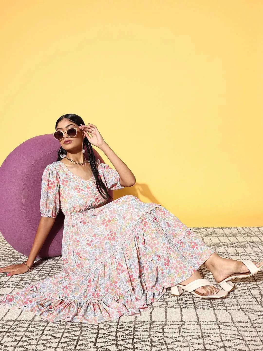 Multicoloured Printed Georgette A-Line Dress - Libas