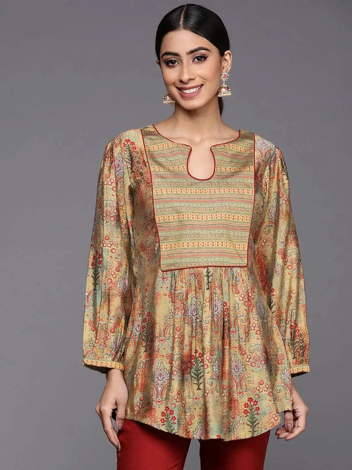 Multicoloured Printed Silk Blend A-Line Kurti - Libas