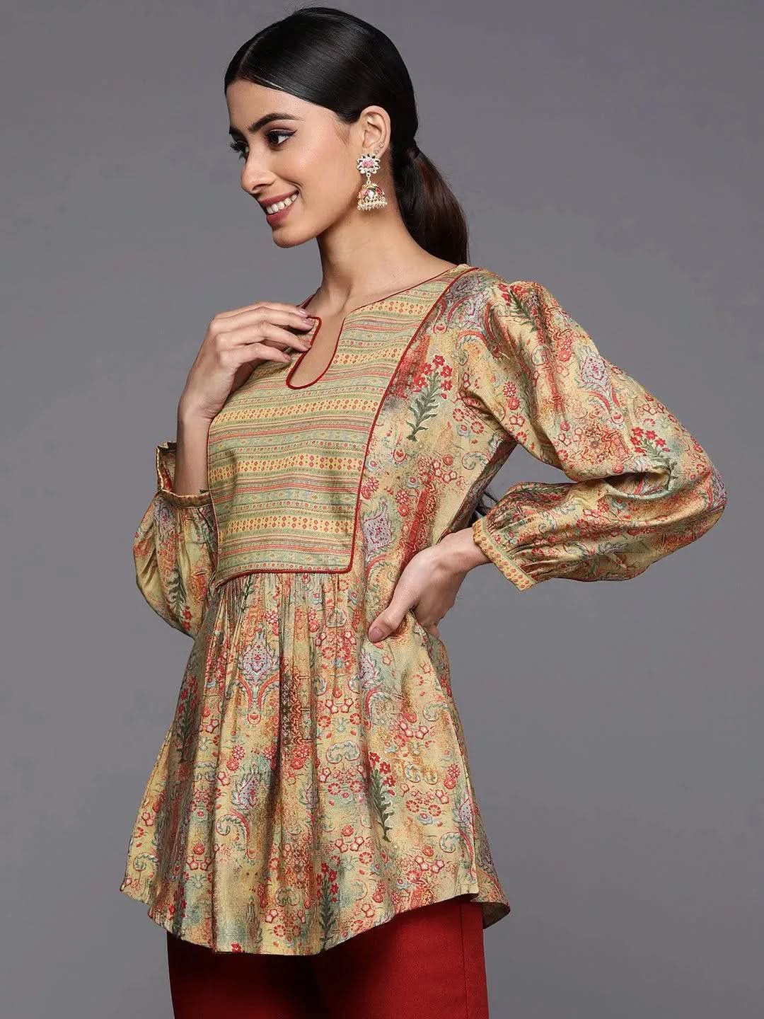 Multicoloured Printed Silk Blend A-Line Kurti - Libas