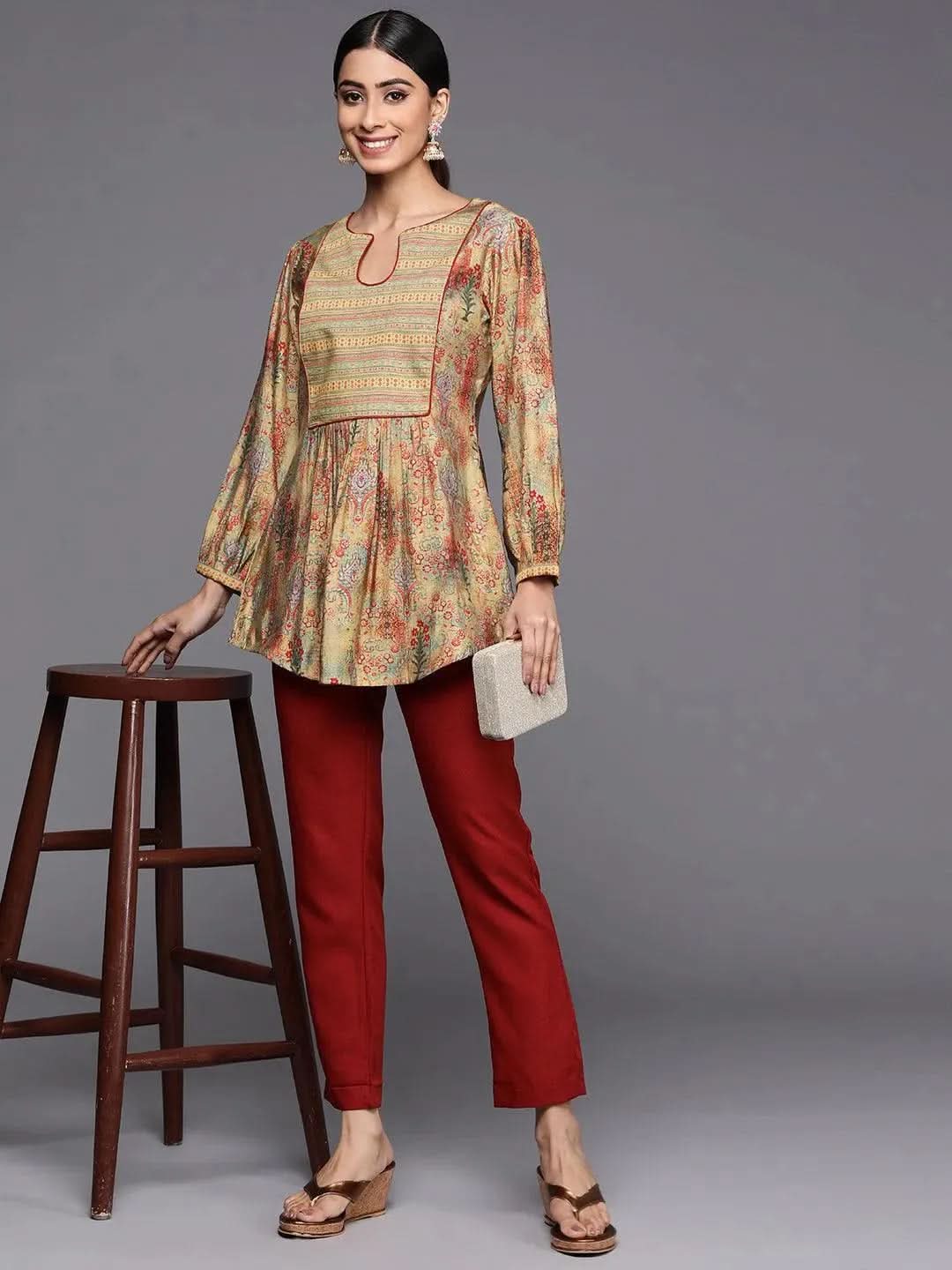 Multicoloured Printed Silk Blend A-Line Kurti - Libas