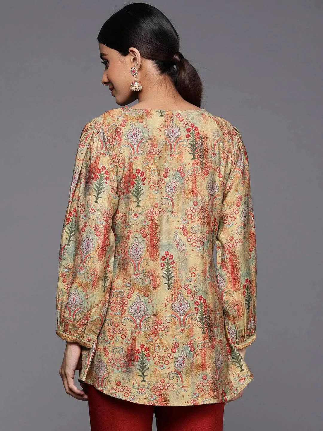 Multicoloured Printed Silk Blend A-Line Kurti - Libas