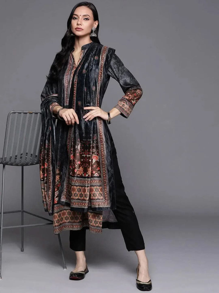 Multicoloured Printed Velvet Suit Set - Libas