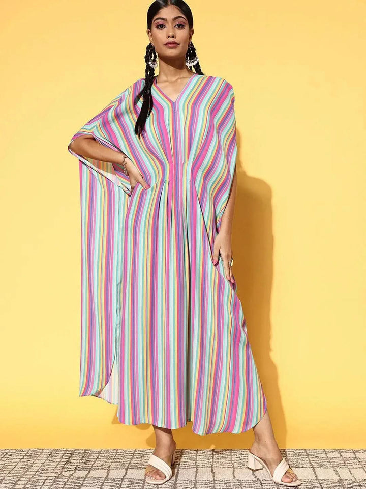 Multicoloured Striped Georgette Dress - Libas