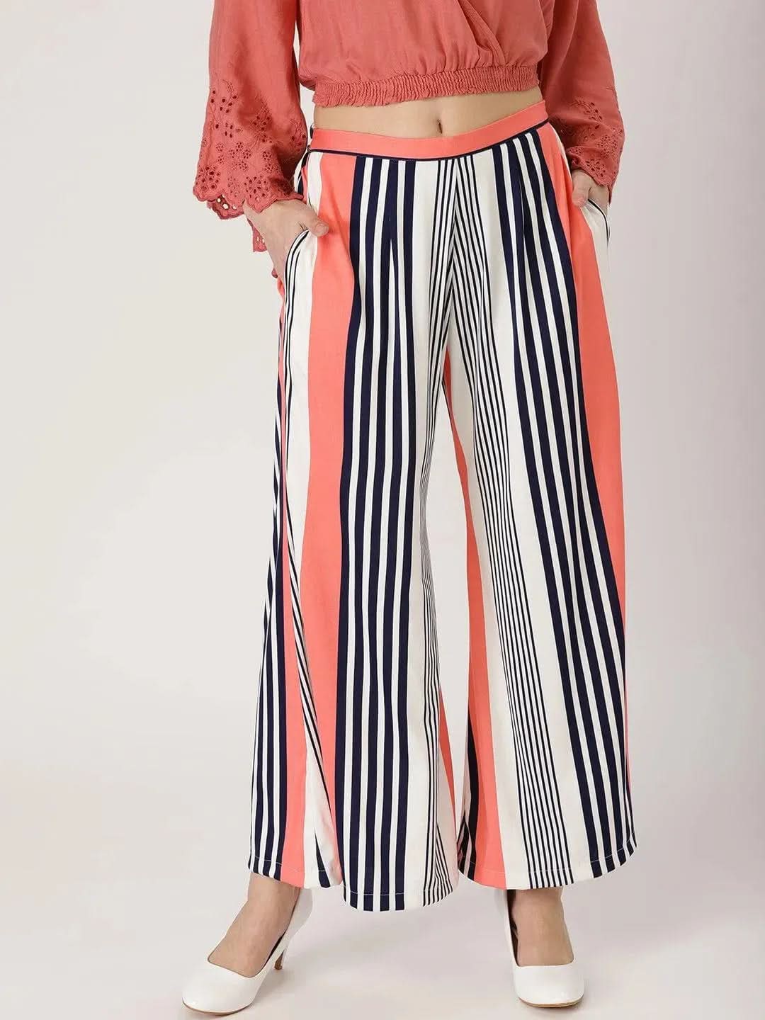 Multicoloured Striped Polyester Palazzos - Libas