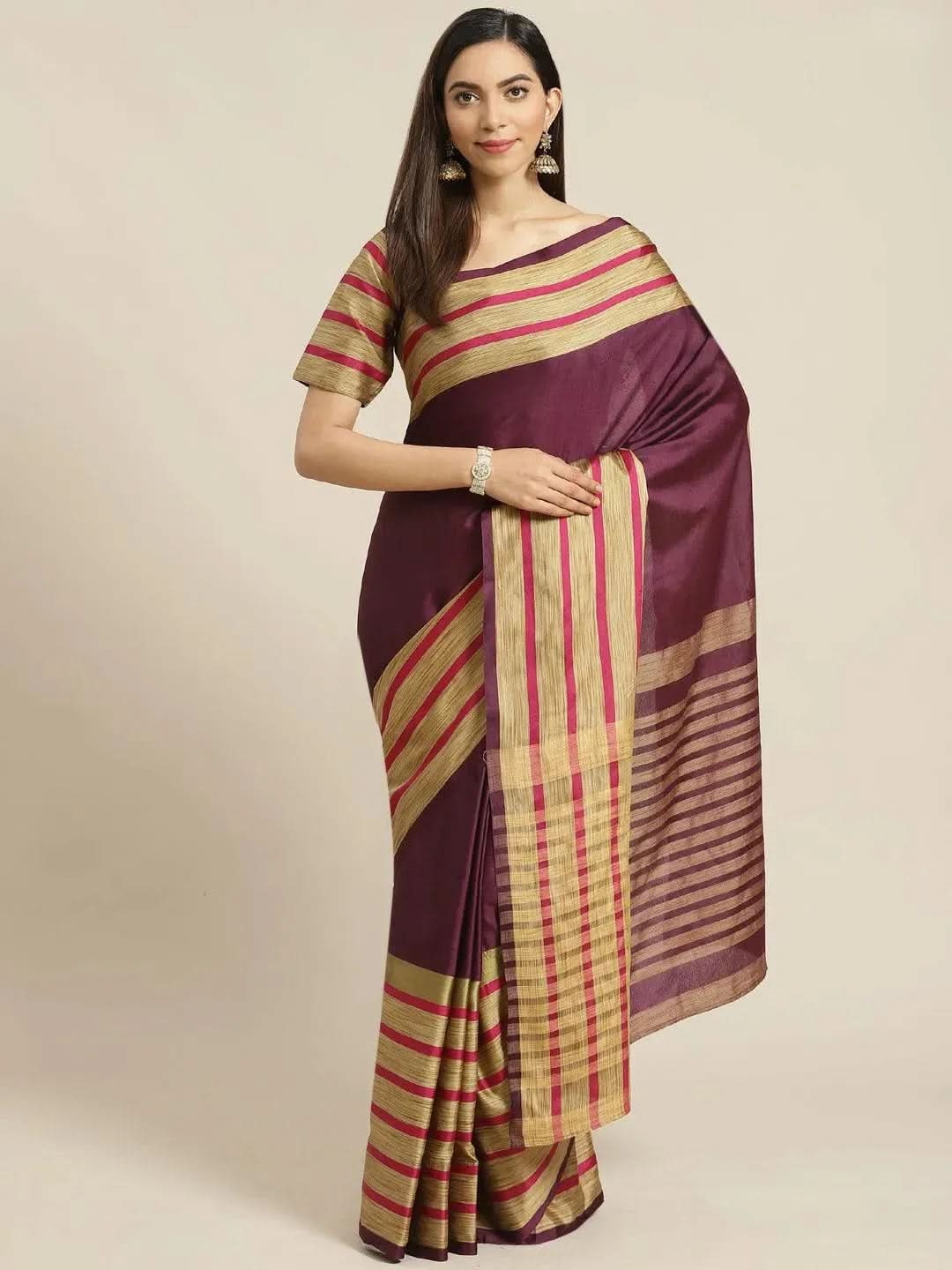 Multicoloured Striped Polyester Silk Saree - Libas
