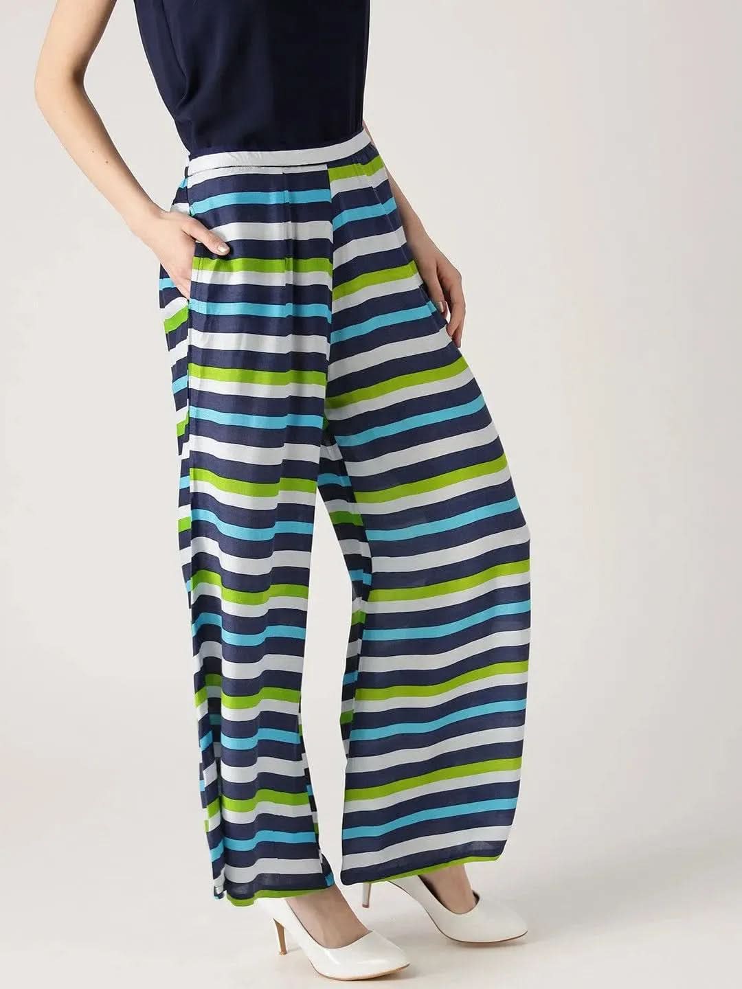 Multicoloured Striped Rayon Palazzos - Libas