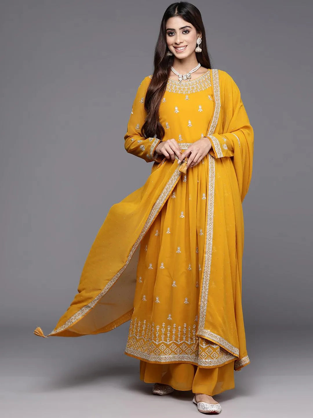 Mustard Embroidered Georgette A-Line Kurta With Palazzos & Dupatta Online at Rs.2999 | Libas
