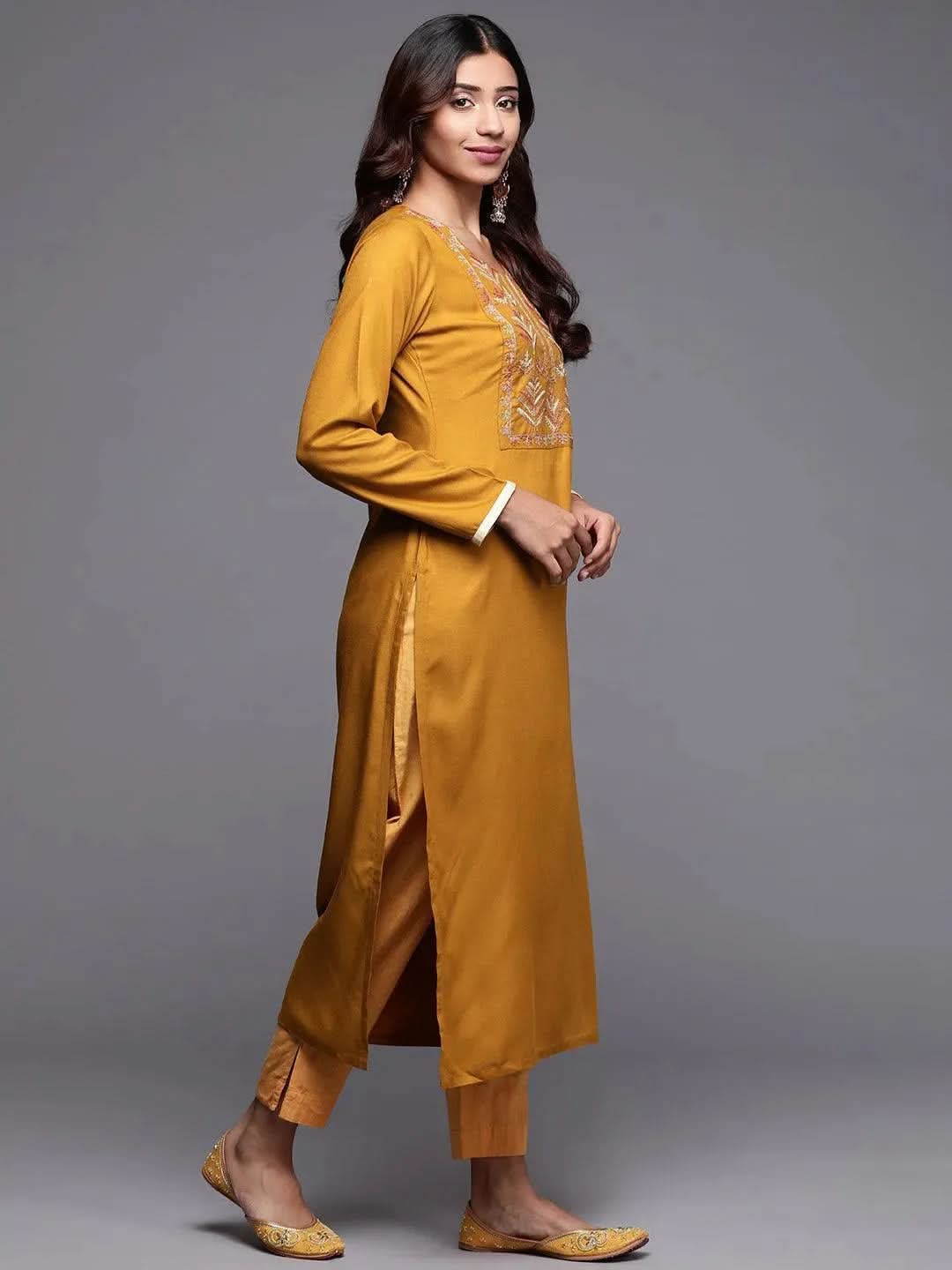 Mustard Embroidered Pashmina Wool Straight Kurta - Libas